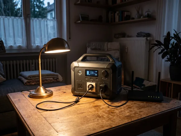 Powerstation auf einem Wohnzimmertisch versorgt eine Leselampe und einen Router