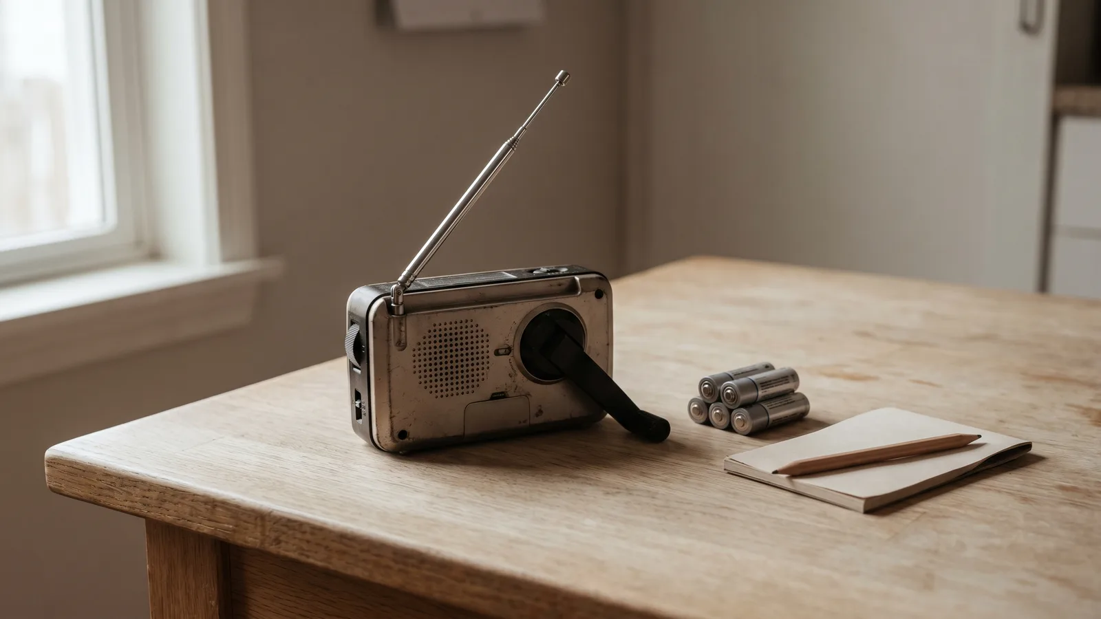 Notfallradio mit ausgezogener Teleskopantenne und ausgeklappter Handkurbel auf einem Küchentisch, daneben Ersatzbatterien und ein Notizblock mit Stift