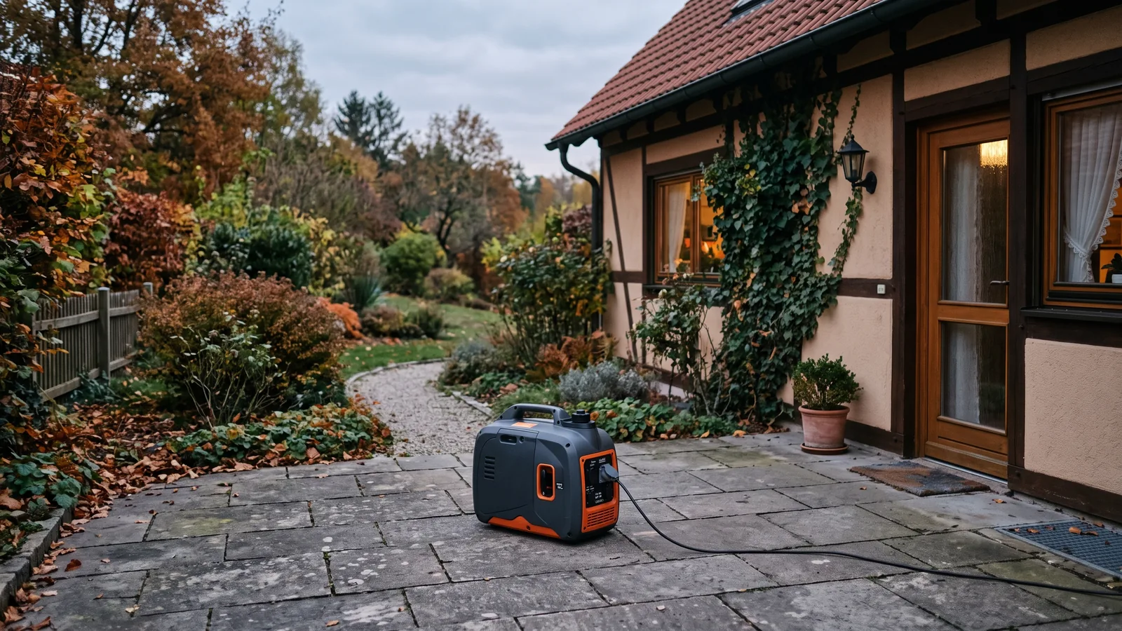 Tragbarer Inverter-Generator auf einer Terrasse vor einem Wohnhaus, Kabel führt zur Haustür