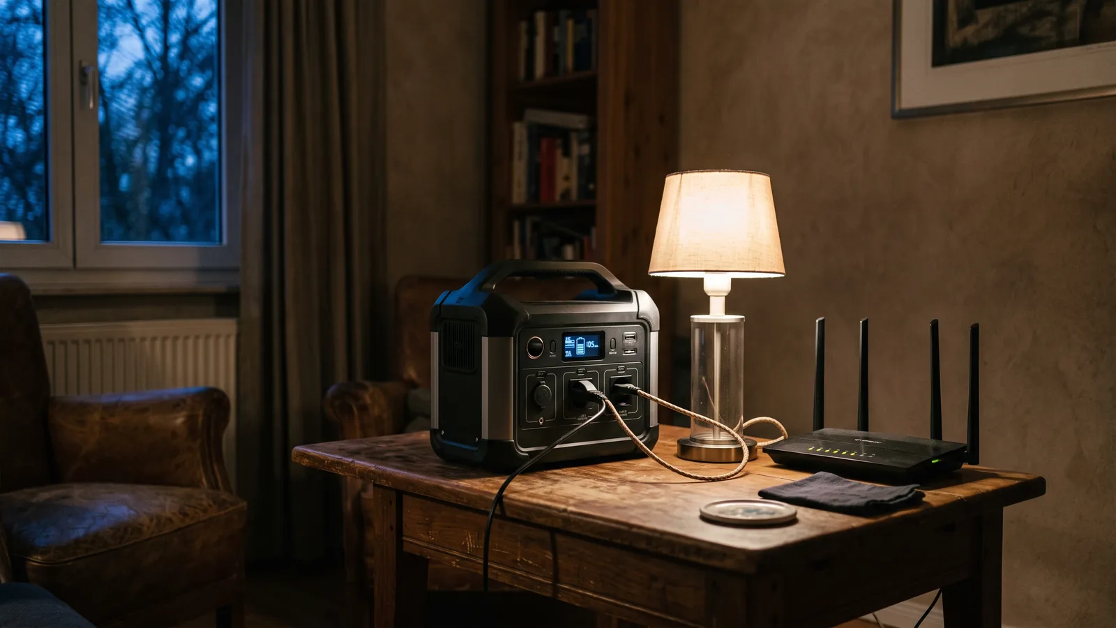 Tragbare Powerstation auf einem Beistelltisch versorgt eine Lampe und einen Router