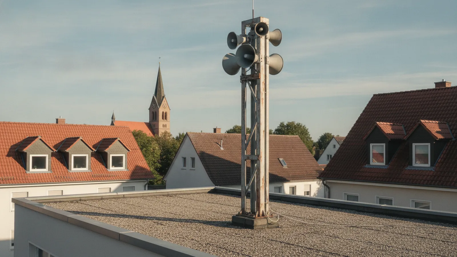 Elektronische Warnsirene auf dem Flachdach eines Gebäudes in einer Kleinstadt